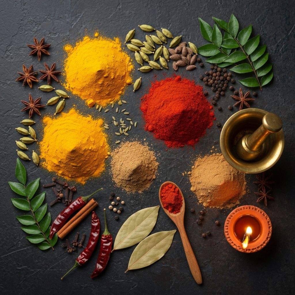 Freshly ground South Indian whole spices and a glowing brass lamp